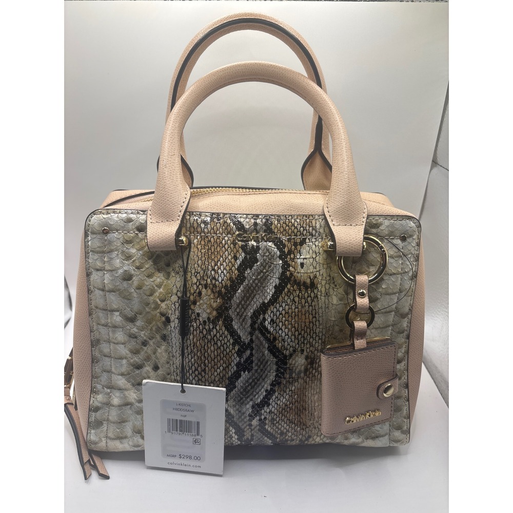 Calvin Klein Kistchl Snakeskin Embossed Satchel Handbag H8DDS8AW Nude Multi